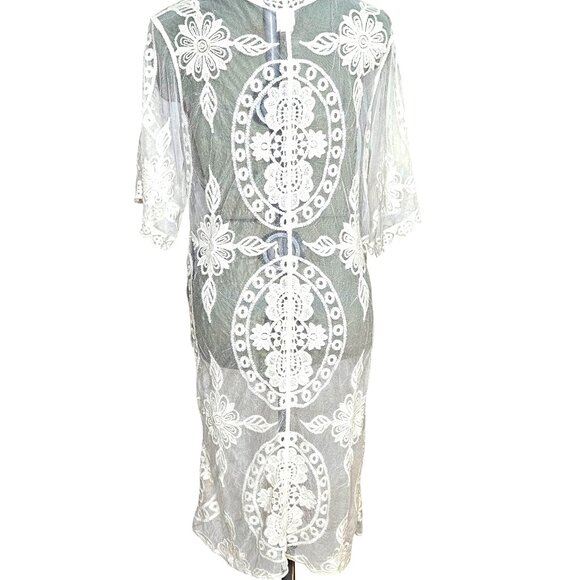 White Sheer Floral Lace Kimono Cardigan Cover Up Open Front 3/4 Sleeve S-M - Picture 3 of 10